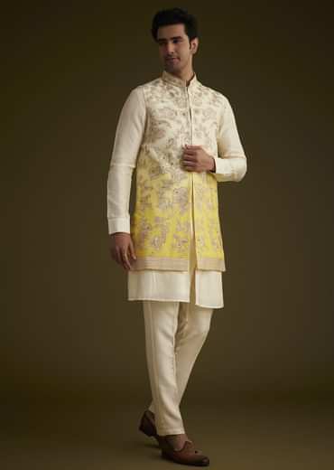 Ivory And Yellow Ombre Silk Jacket Set With Zari Work