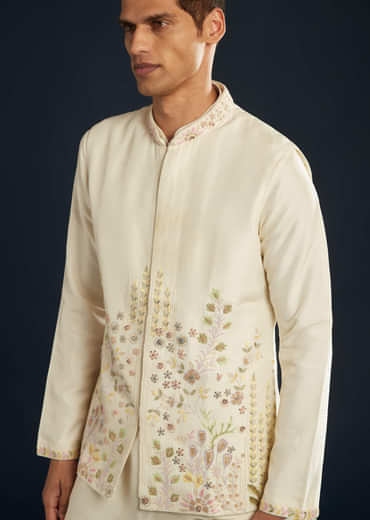 Ivory Banarasi Silk Jacket Kurta Set With Zardozi Work