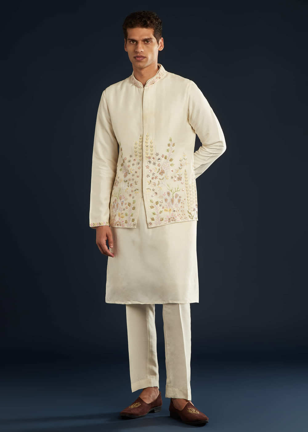Ivory Banarasi Silk Jacket Kurta Set With Zardozi Work