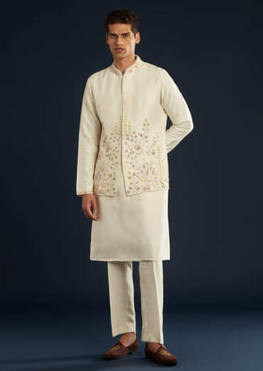 Ivory Banarasi Silk Jacket Kurta Set With Zardozi Work