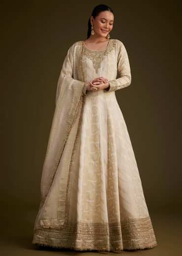 Ivory Banarasi Tissue Anarkali With Gotta Work