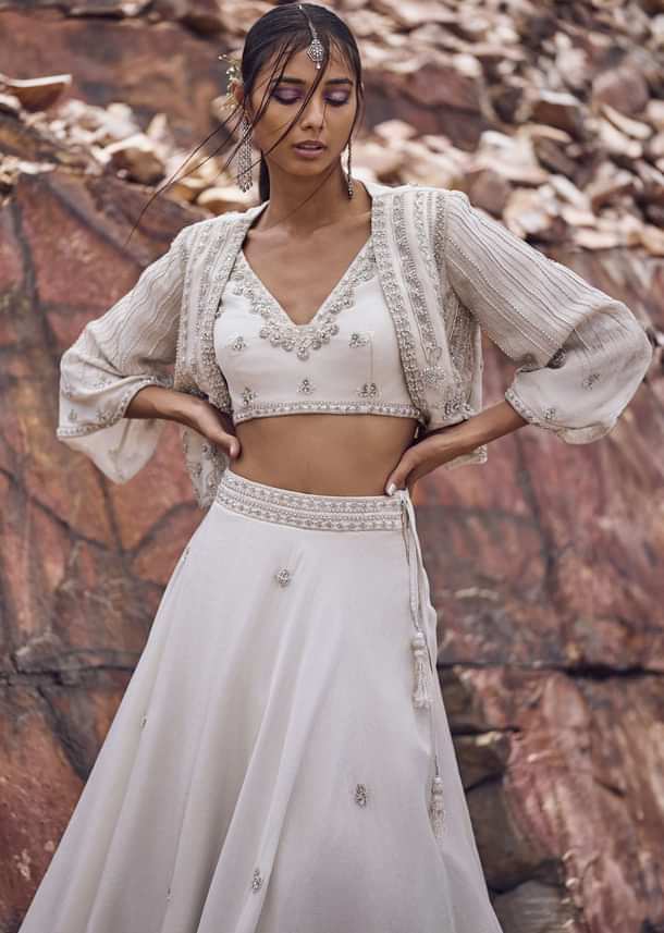 Ivory Embroidered Jacket With Blouse And Lehenga
