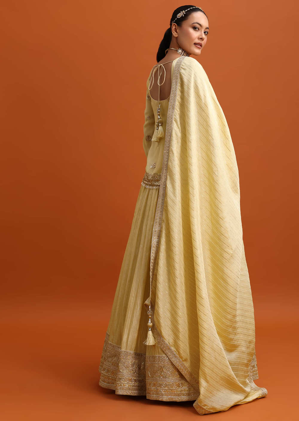 Light gold Embroidered Kurta Lehenga Set With Dupatta