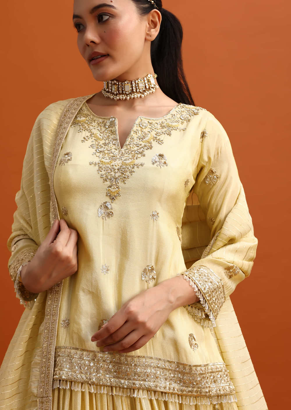 Light gold Embroidered Kurta Lehenga Set With Dupatta