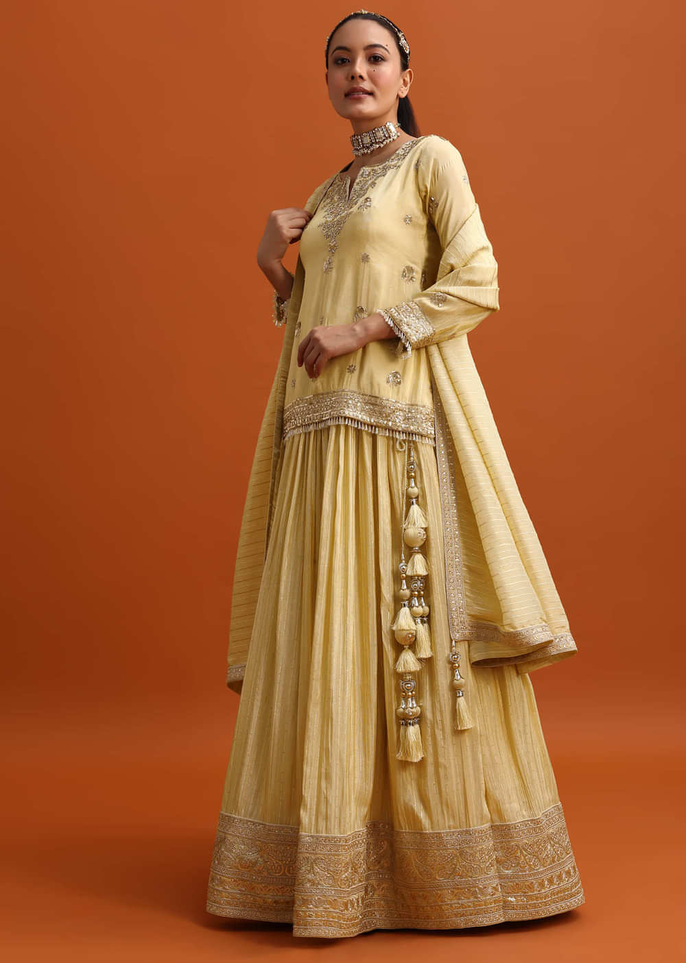 Light gold Embroidered Kurta Lehenga Set With Dupatta