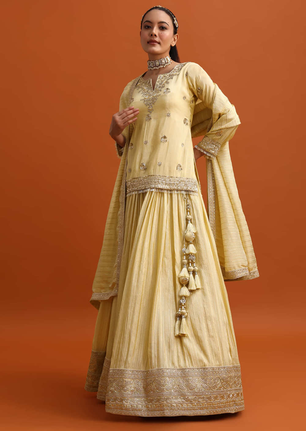 Light gold Embroidered Kurta Lehenga Set With Dupatta