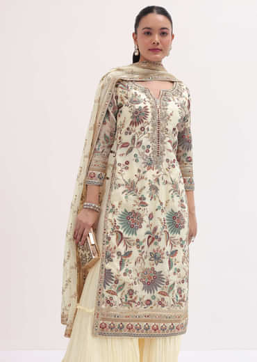 Ivory Embroidered Kurta Sharara Set