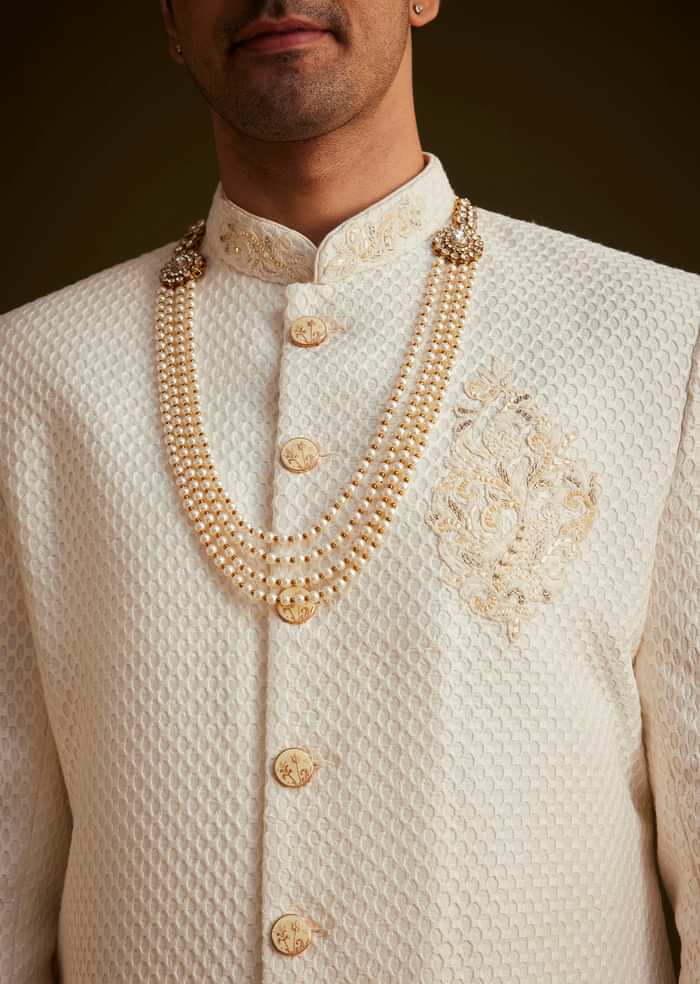 Ivory Embroidered Sherwani Set With Pearl Detailing