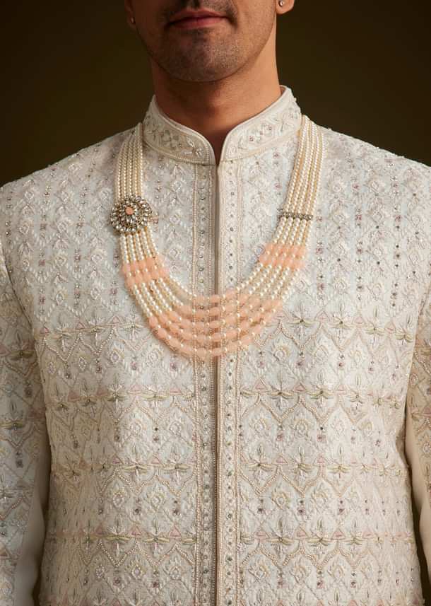 Ivory Embroidered Sherwani With Classic Pearl Detailing