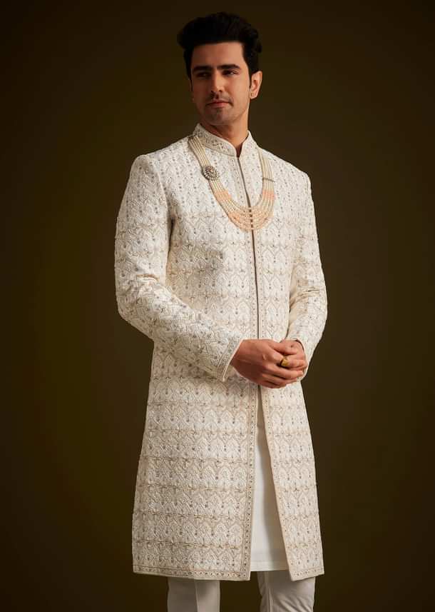 Ivory Embroidered Sherwani With Classic Pearl Detailing