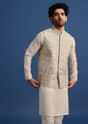 Ivory Embroidered Silk Kurta Jacket Set For Men