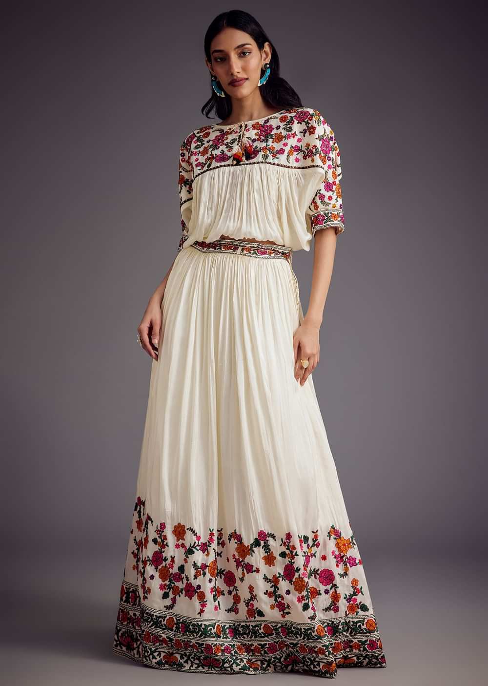 Ivory Embroidered Skirt With Resham work Detailed Crop Top