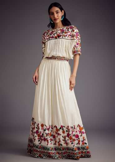 Ivory Embroidered Skirt With Resham work Detailed Crop Top