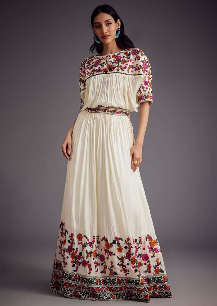 Ivory Embroidered Skirt With Resham work Detailed Crop Top