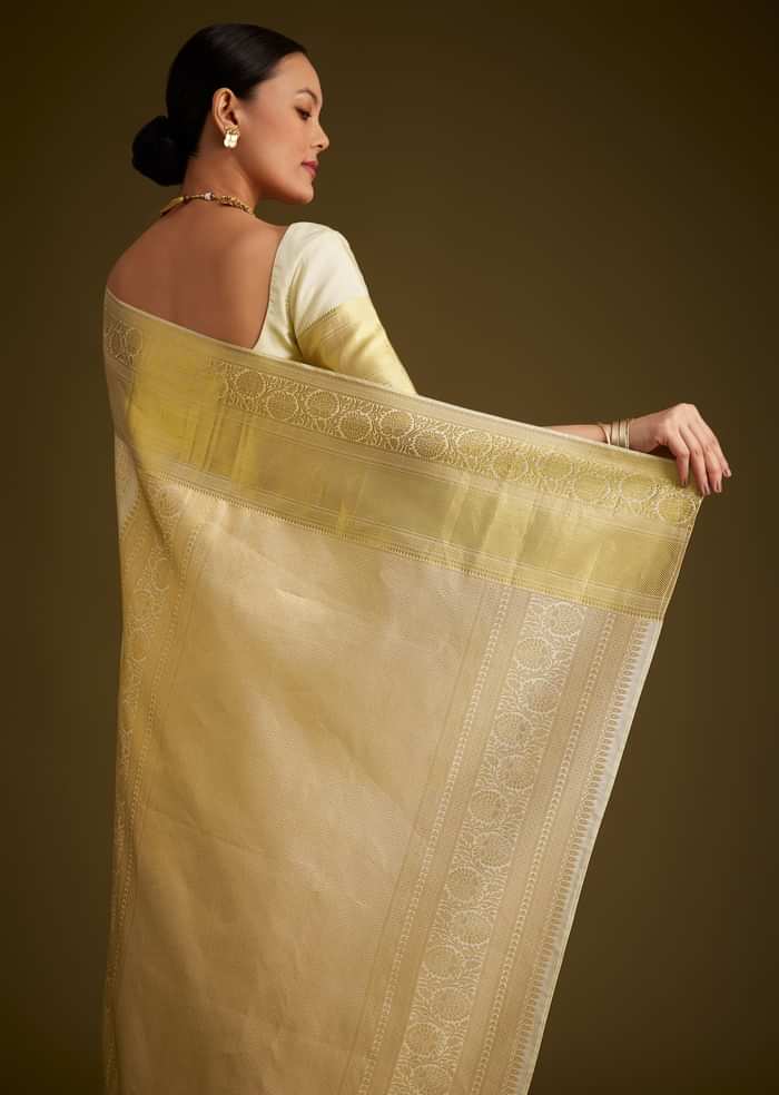 Ivory Kanjivaram Silk Saree With Golden Zari Border