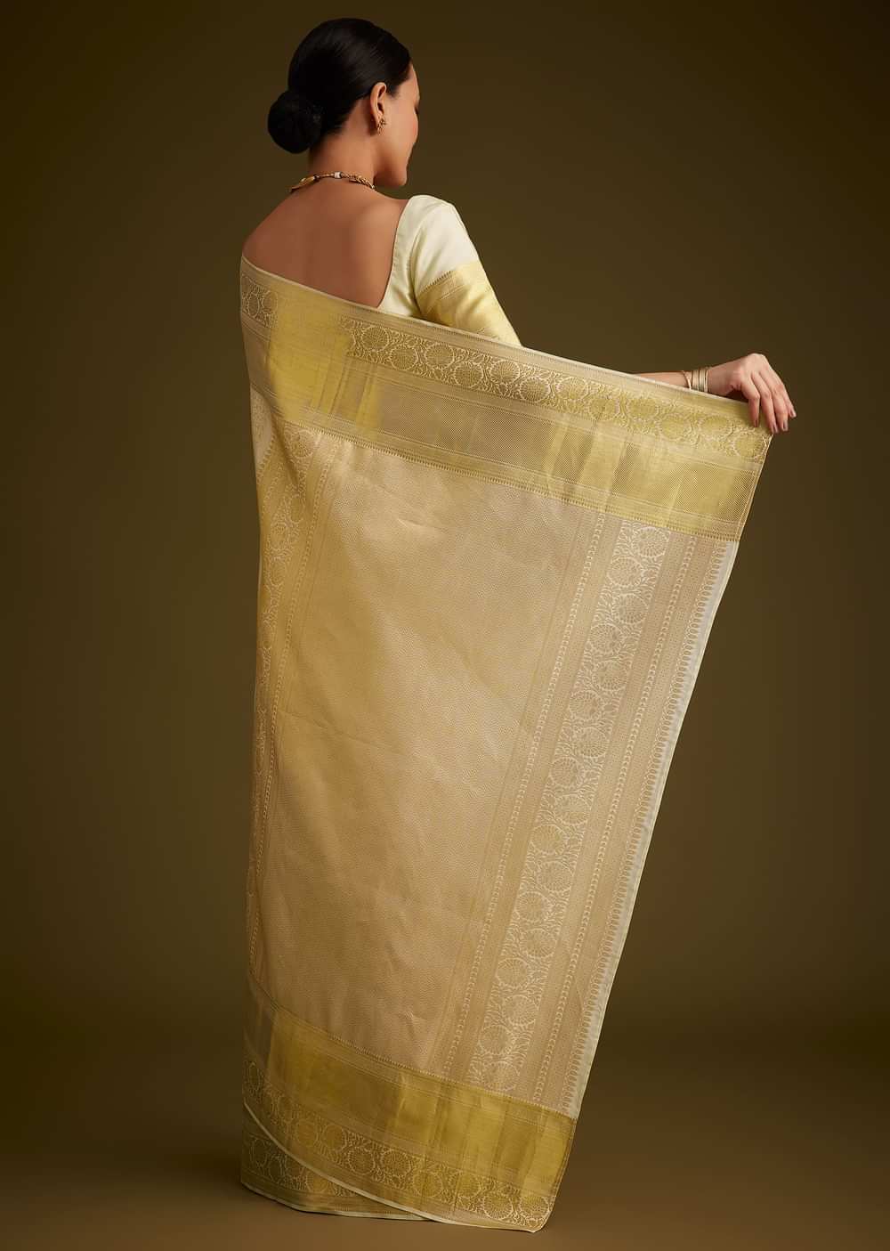 Ivory Kanjivaram Silk Saree With Golden Zari Border