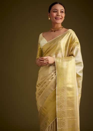 Ivory Kanjivaram Silk Saree With Golden Zari Border