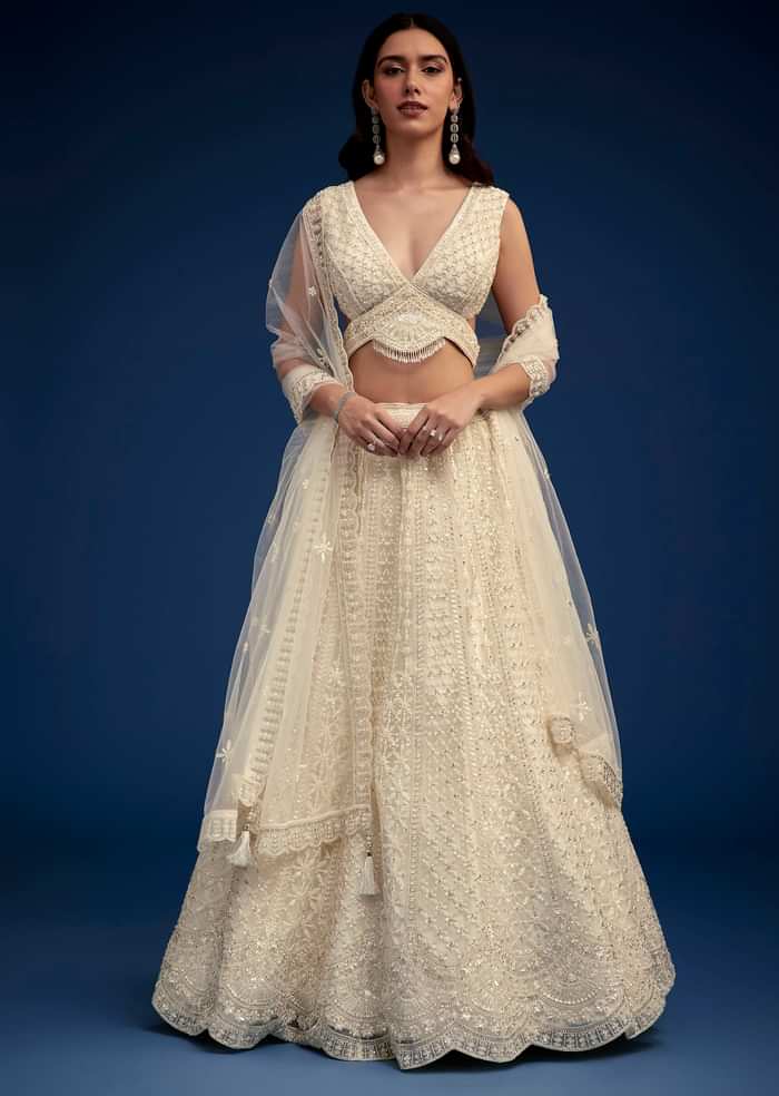 Ivory Lehenga Set With Moti And Resham Work