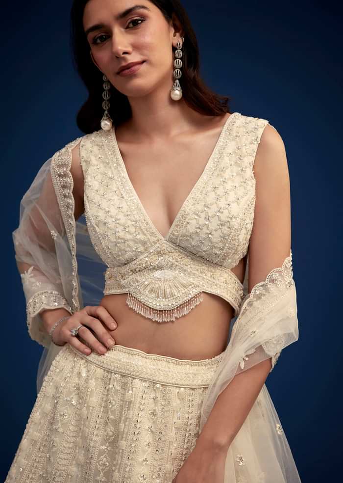 Ivory Lehenga Set With Moti And Resham Work