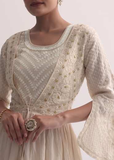 Off White Indo Fusion Lucknowi Anarkali With Jacket