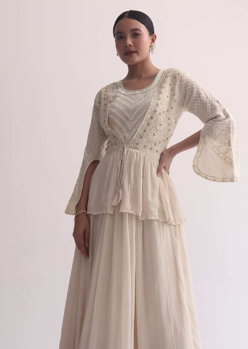 Off White Indo Fusion Lucknowi Anarkali With Jacket