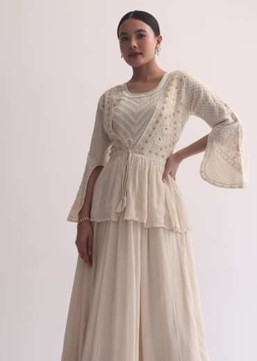 Off White Indo Fusion Lucknowi Anarkali With Jacket