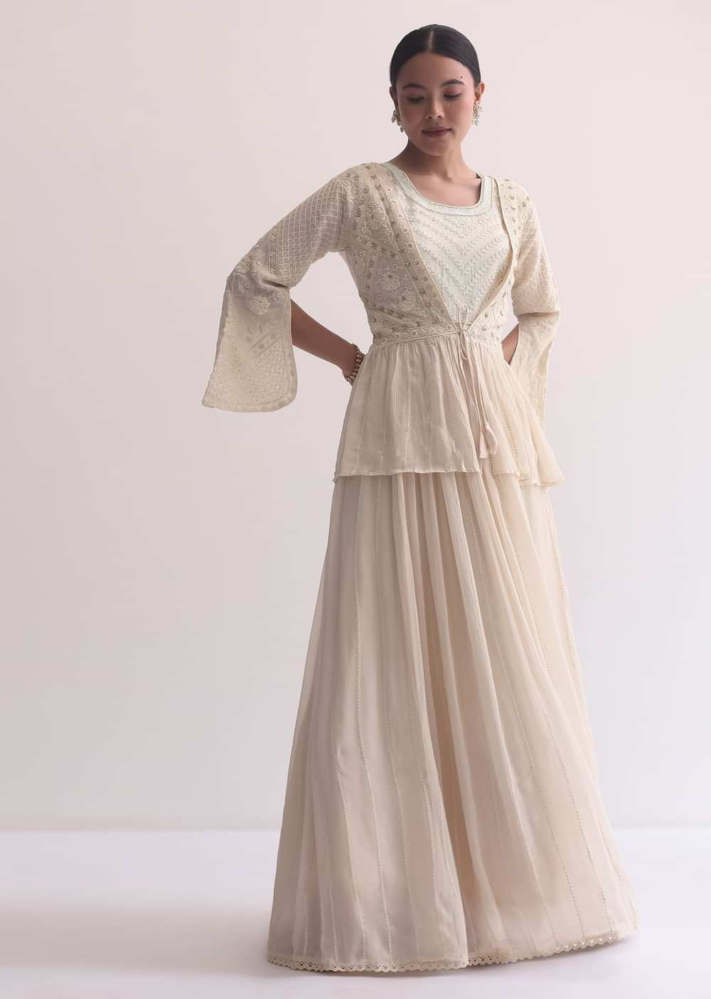 Off White Indo Fusion Lucknowi Anarkali With Jacket