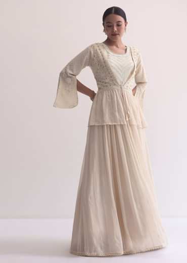Off White Indo Fusion Lucknowi Anarkali With Jacket