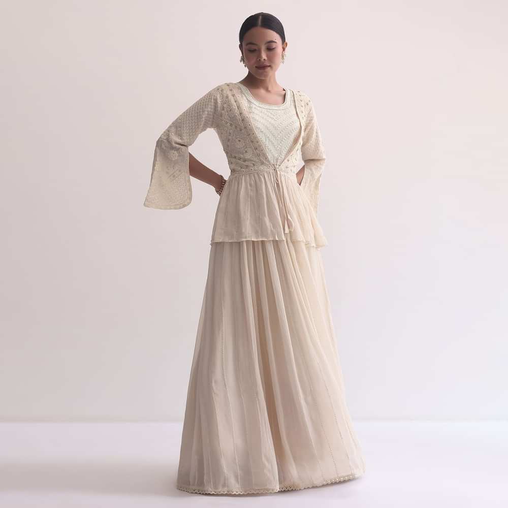Off White Indo Fusion Lucknowi Anarkali With Jacket