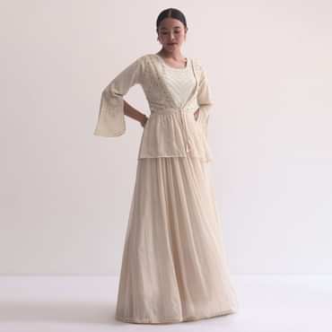 Off White Indo Fusion Lucknowi Anarkali With Jacket
