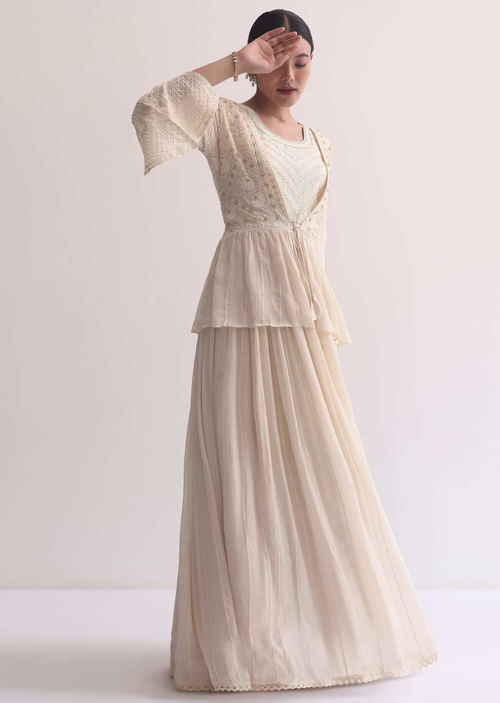 Off White Indo Fusion Lucknowi Anarkali With Jacket