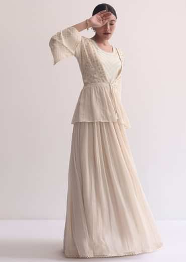 Off White Indo Fusion Lucknowi Anarkali With Jacket