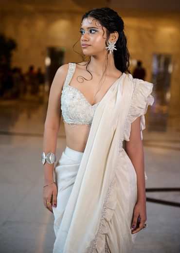 Ivory Pre Stitched Frill Tissue Saree With Blouse