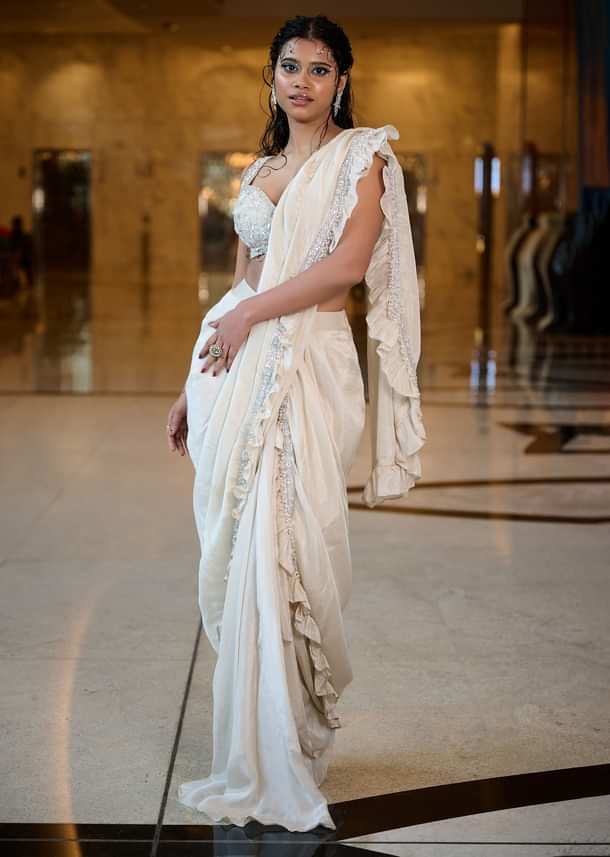 Ivory Pre Stitched Frill Tissue Saree With Blouse