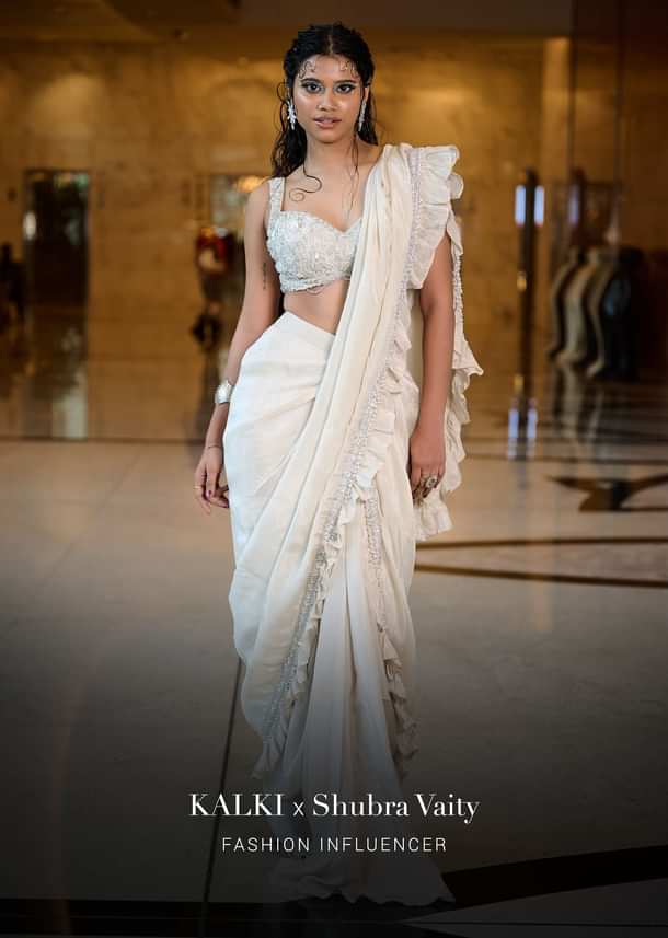 Ivory Pre Stitched Frill Tissue Saree With Blouse