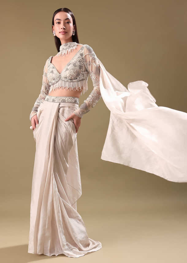 Ivory Pre Drape Tissue Skirt With Full Sleeve Blouse