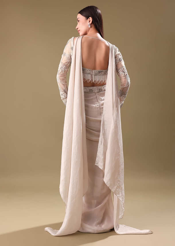 Ivory Pre Drape Tissue Skirt With Full Sleeve Blouse