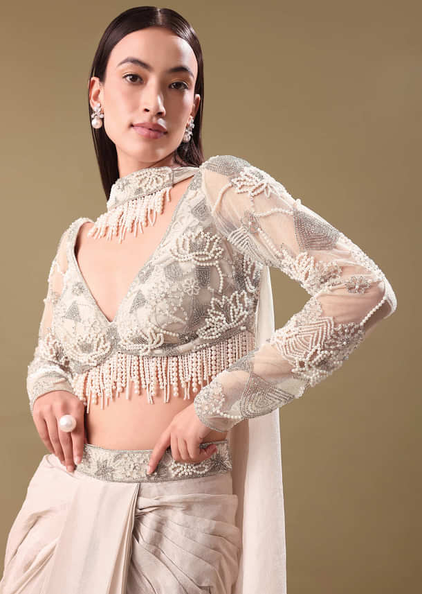 Ivory Pre Drape Tissue Skirt With Full Sleeve Blouse