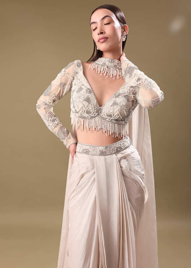 Ivory Pre Drape Tissue Skirt With Full Sleeve Blouse