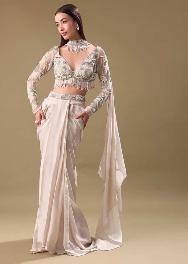 Ivory Pre Drape Tissue Skirt With Full Sleeve Blouse