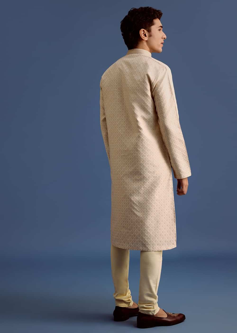 Ivory Printed Kurta Pyjama Set For Men