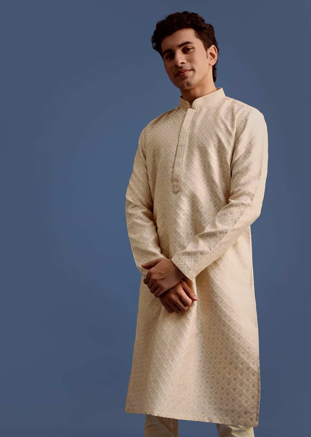 Ivory Printed Kurta Pyjama Set For Men
