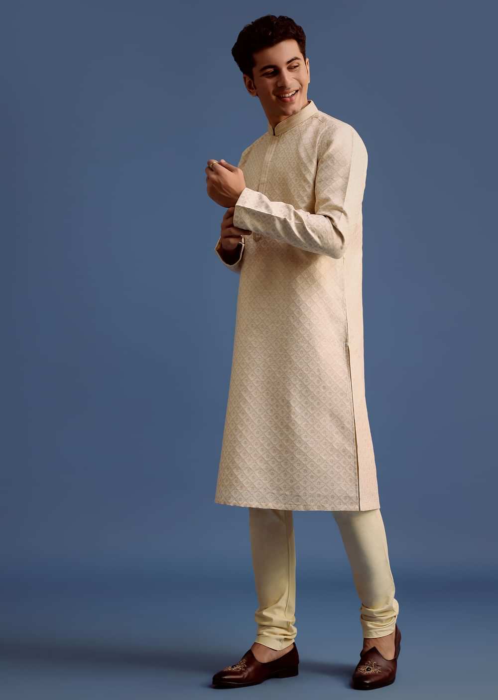 Ivory Printed Kurta Pyjama Set For Men