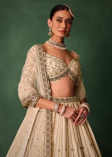 Ivory Raw Silk Hand Embroidered Lehenga Set With Net Dupatta
