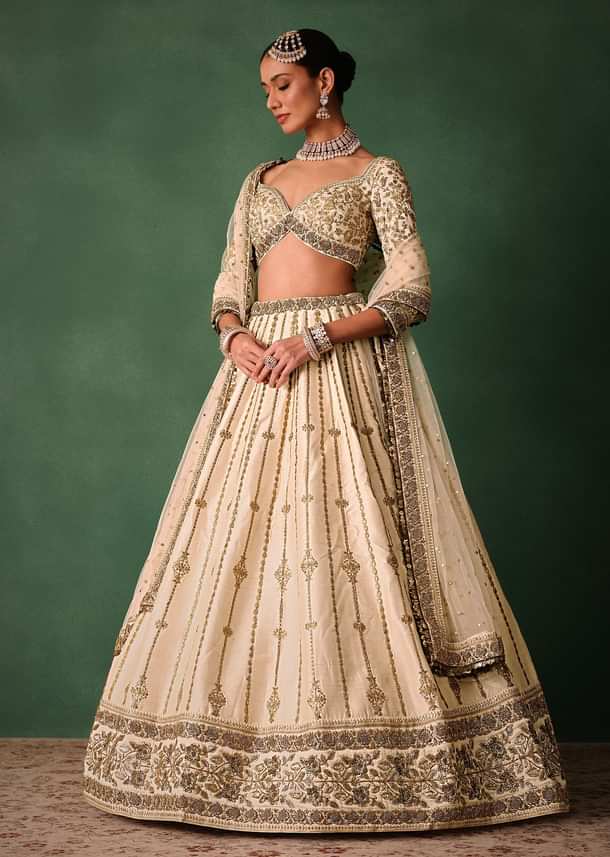 Ivory Raw Silk Hand Embroidered Lehenga Set With Net Dupatta