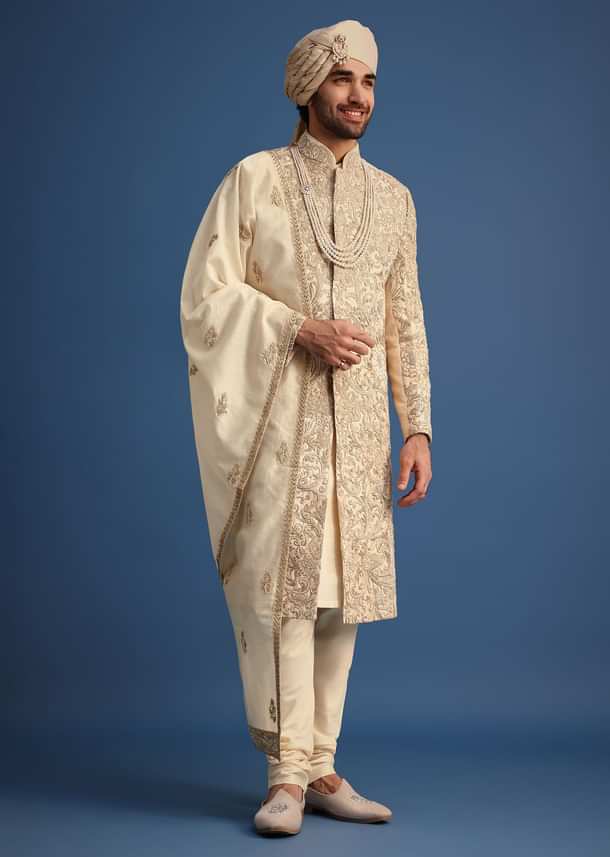Ivory Sherwani Suit With Beads And Zari Work