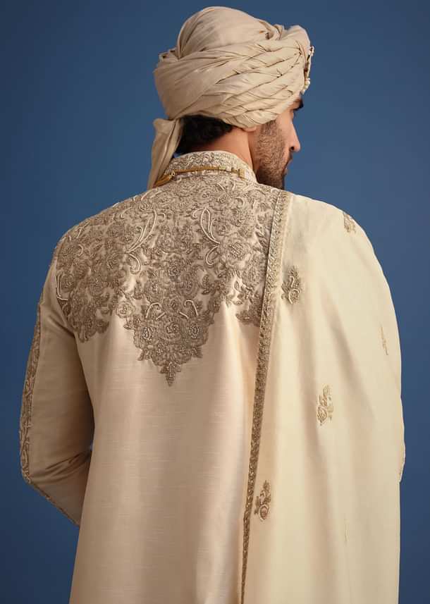 Ivory Sherwani Suit With Beads And Zari Work