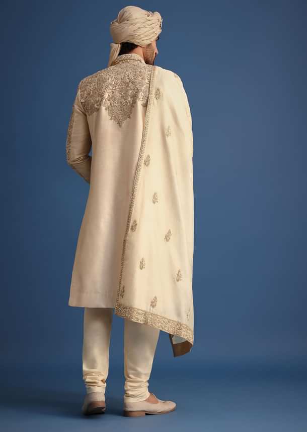 Ivory Sherwani Suit With Beads And Zari Work