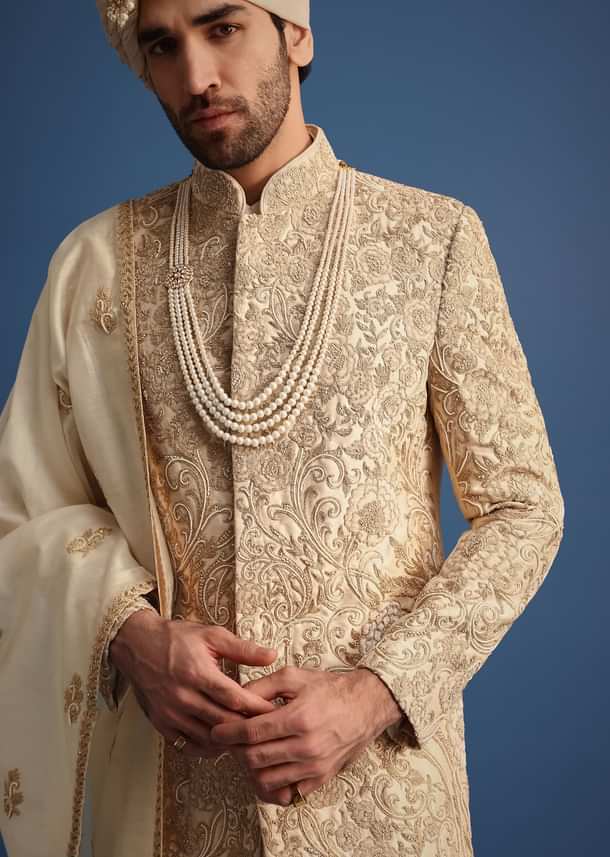 Ivory Sherwani Suit With Beads And Zari Work