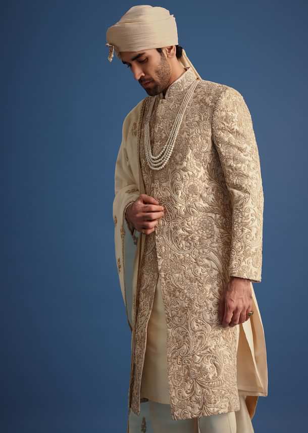 Ivory Sherwani Suit With Beads And Zari Work